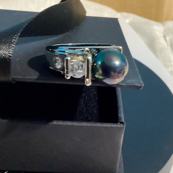 💋Gorgeous Sterling Silver Lux Black Rainbow Iridescent Tahitan Pearl & CZ ring - Picture 3 of 17